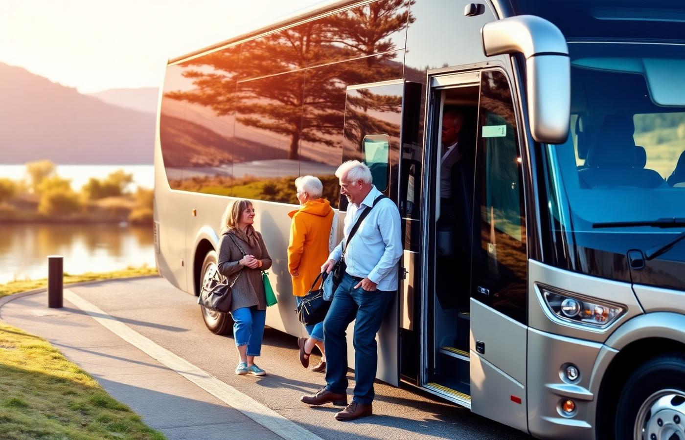 Travellers boarding a comfortable tour coach beside a lake