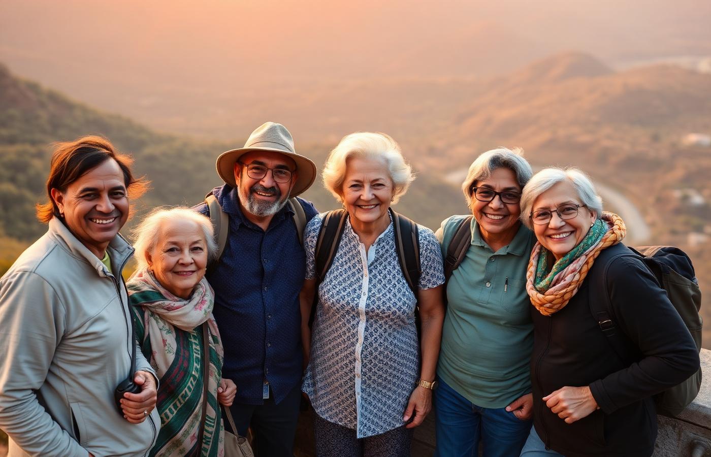 Smiling group of senior travellers with their guide at a viewpoint