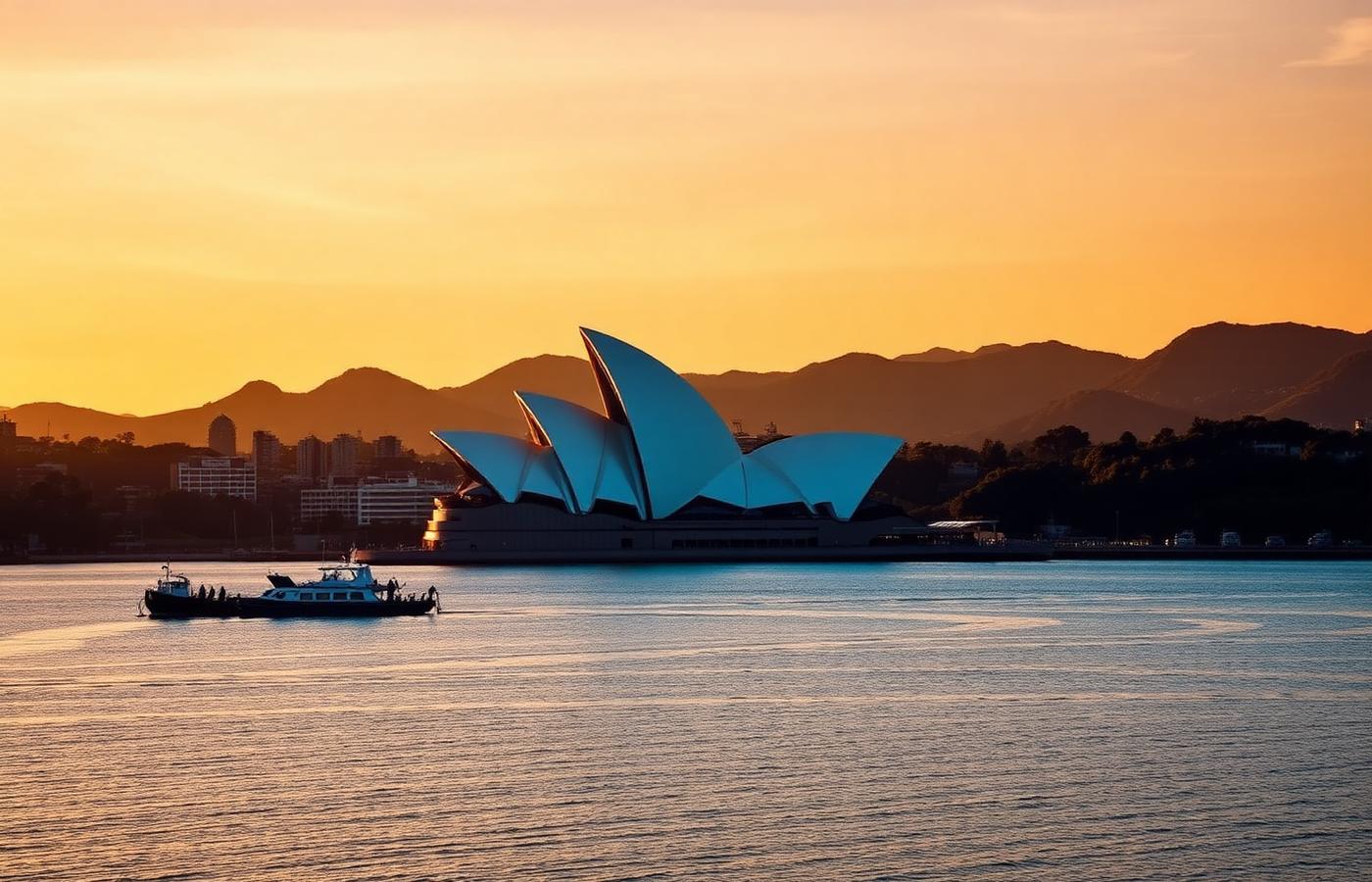 Sydney Opera House and harbour glowing at sunrise
