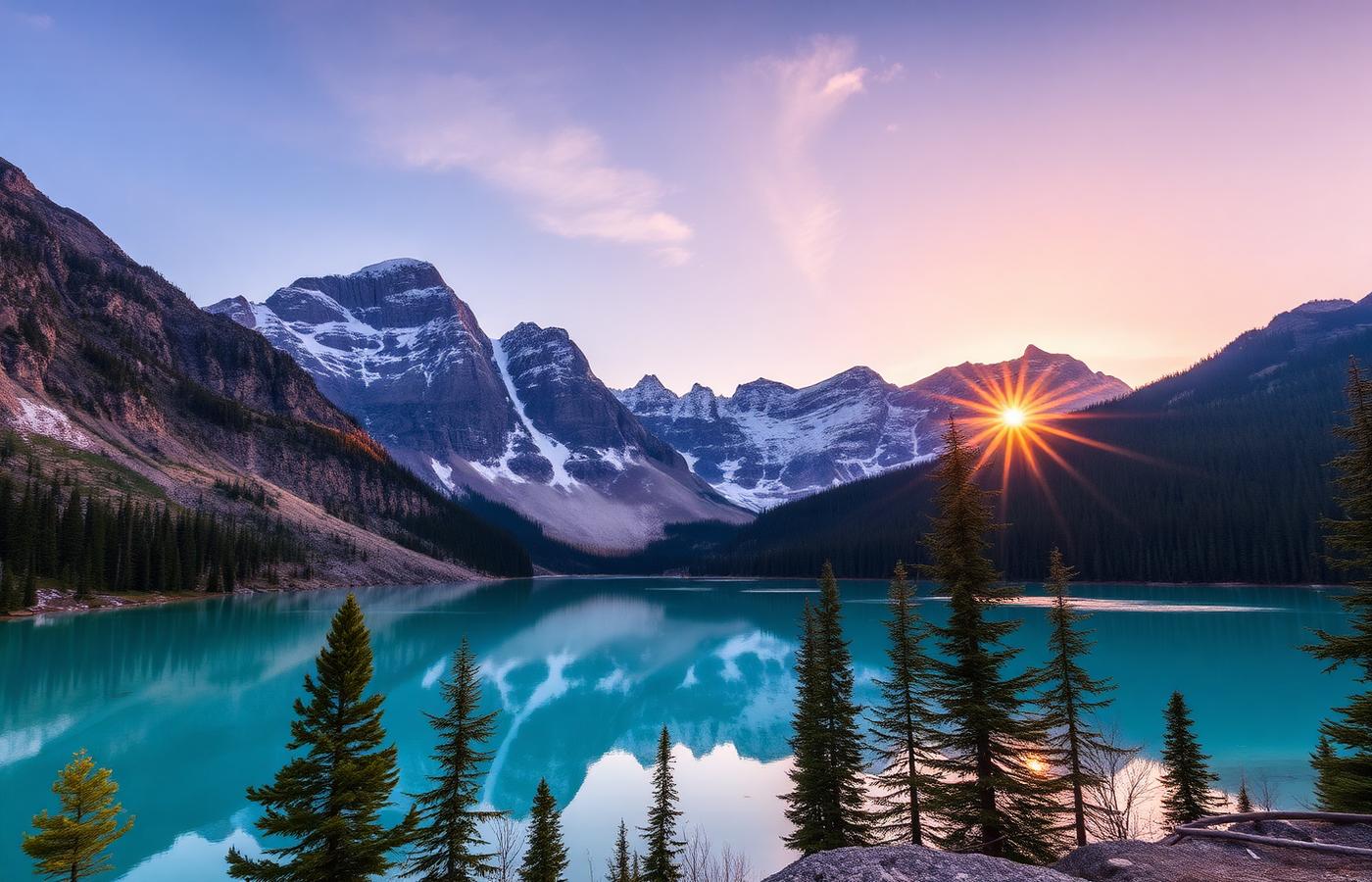 Turquoise lake in the Canadian Rockies at sunrise