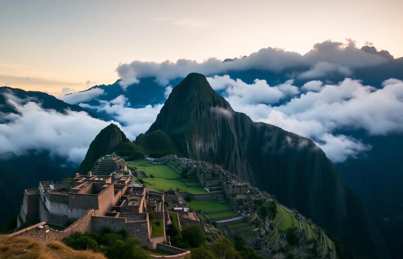 Machu Picchu citadel with mist over the Andes at sunrise