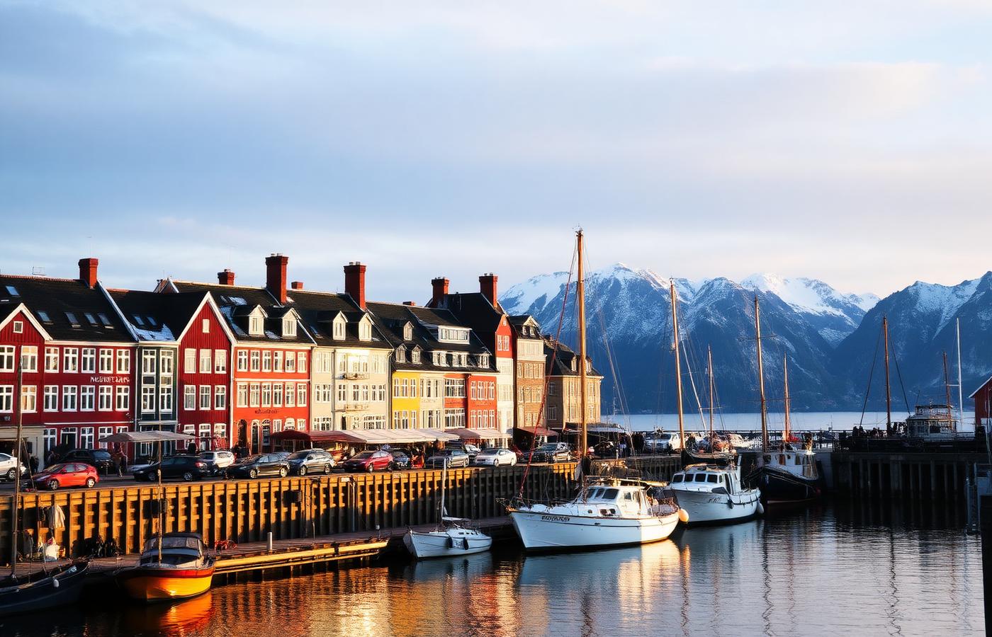 Colourful Scandinavian harbour houses with boats and mountains