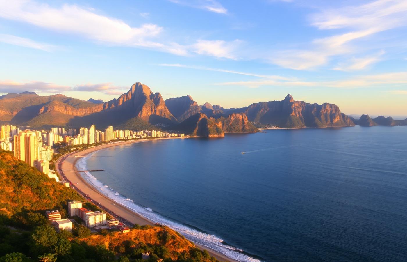 Rio de Janeiro coastline with mountains at golden hour