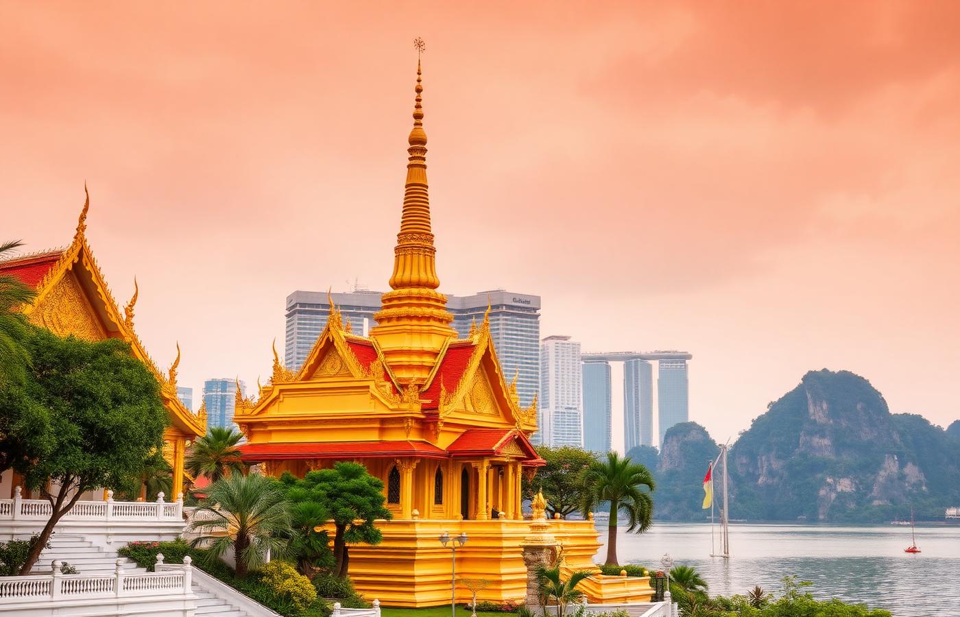 Golden South East Asian temple with city skyline and bay behind