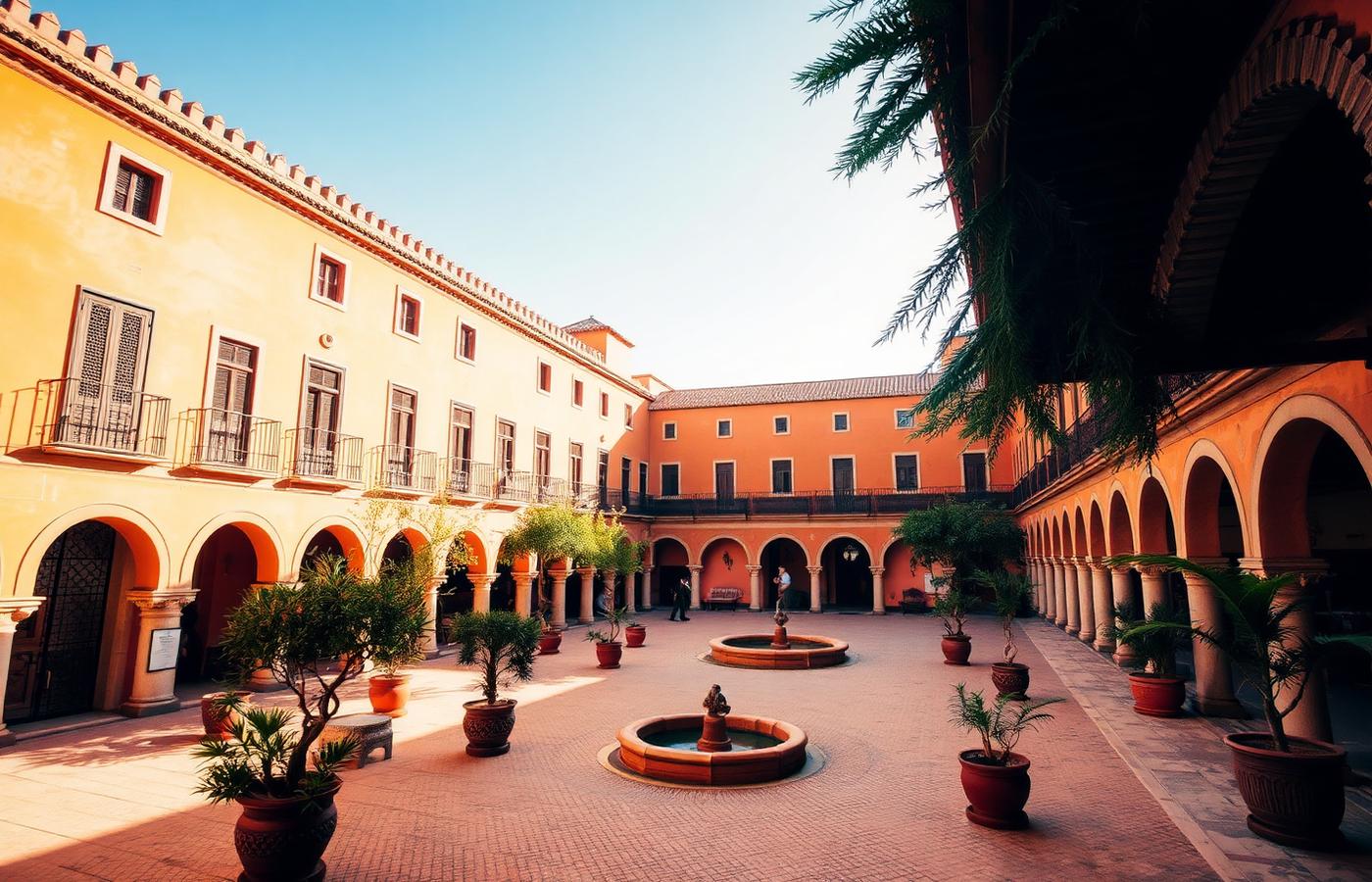 Sunlit Spanish courtyard with arches and fountains