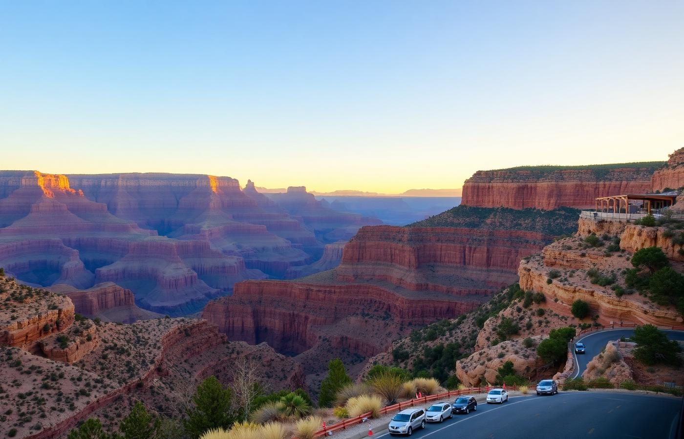 Grand Canyon layered cliffs at golden hour with a scenic road